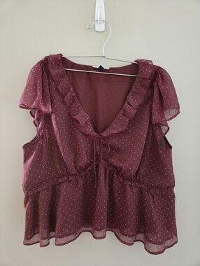 Women's Burgundy Polka Dot Ruffle Peplum Top